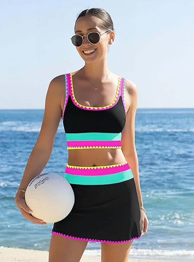 👙Color Block Patchwork Sporty 3-Piece Bikini Set - High Waisted & Tummy Control Swimsuit💃🌈