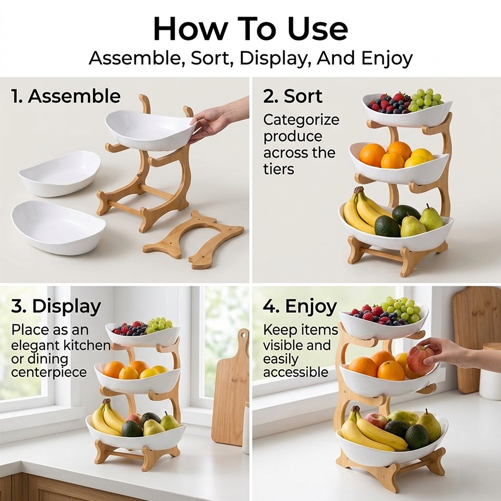 3-Tier Vertical Fruit Basket with Bamboo Stand - Space-Saving Oval Bowl Organizer for Kitchen Counters & Pantries