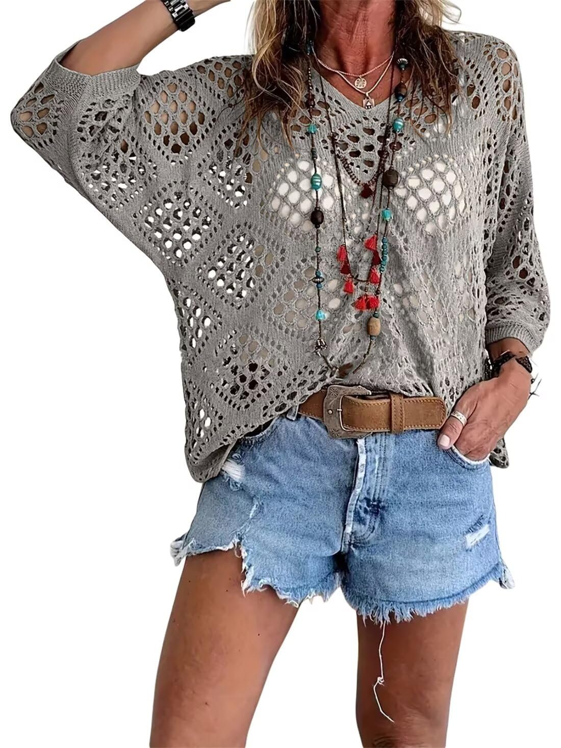 💥🔥Womens Bohemian-Inspired Beige Crochet Top with V-Neck | 11 Colors | S to 5XL