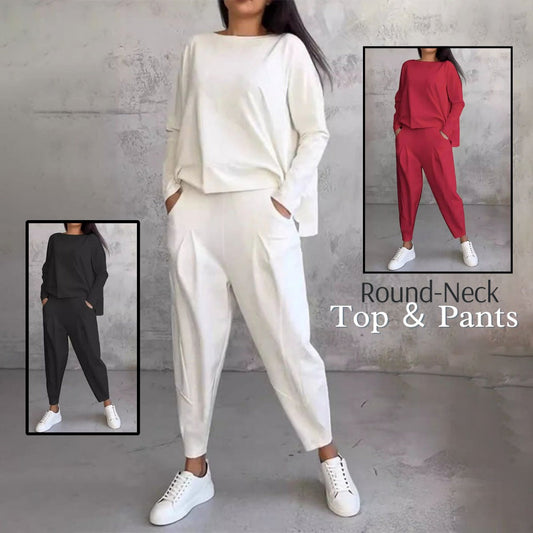 💕🤍Round-Neck Long-Sleeved Top ＆ Pants 2-Piece Set