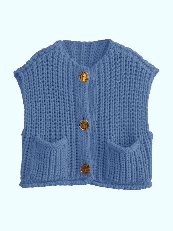 Women's Plain Button Front Pocket Sleeveless Cardigan