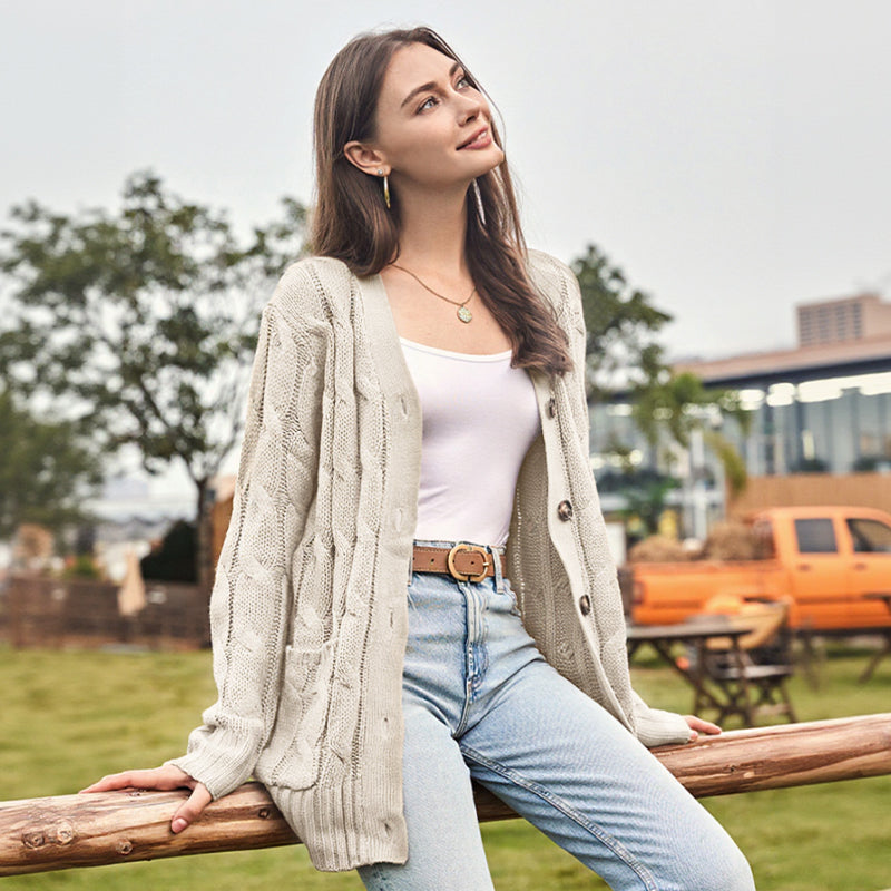 💕Women's Fall Casual Long Sleeve Button Down Open Front Cable Knit Cardigan