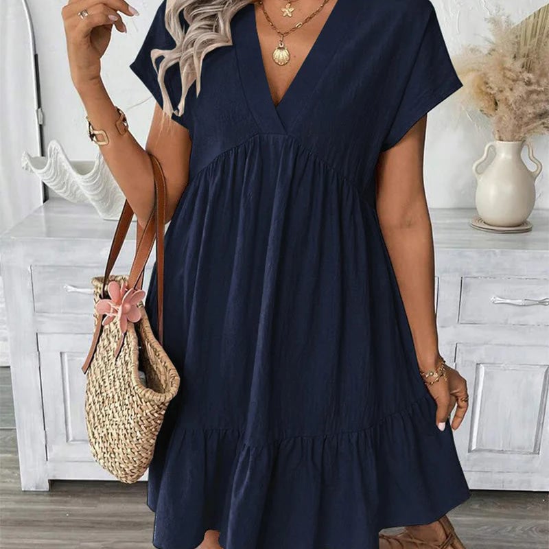 Women's V-Neck Loose-Fit Dress with Ruffle Hem 👗 Flattering V-Neck, Playful Ruffles – Your Go-To for Easy, Breezy Days ✨