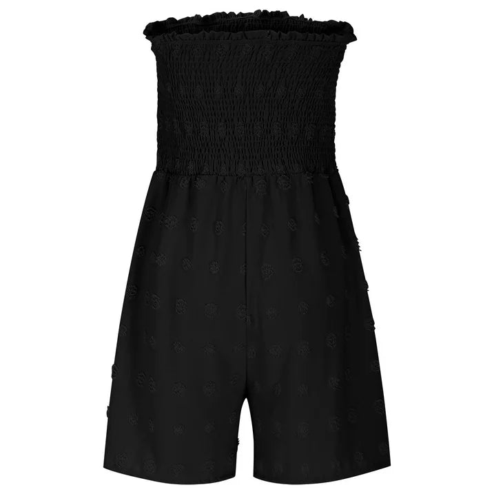🎉💃Women's Strapless Frill Trim Shirred Tie Front Wide Leg Tube Romper