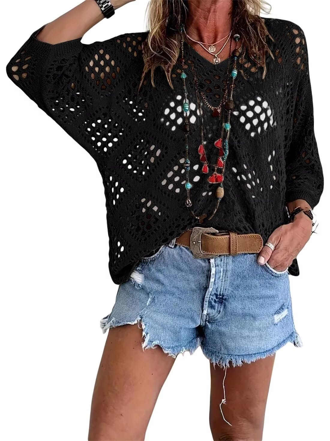 💥🔥Womens Bohemian-Inspired Beige Crochet Top with V-Neck | 11 Colors | S to 5XL