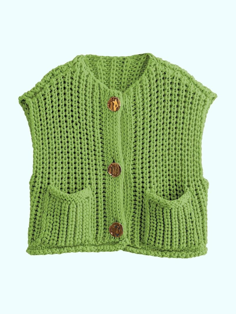 Women's Plain Button Front Pocket Sleeveless Cardigan