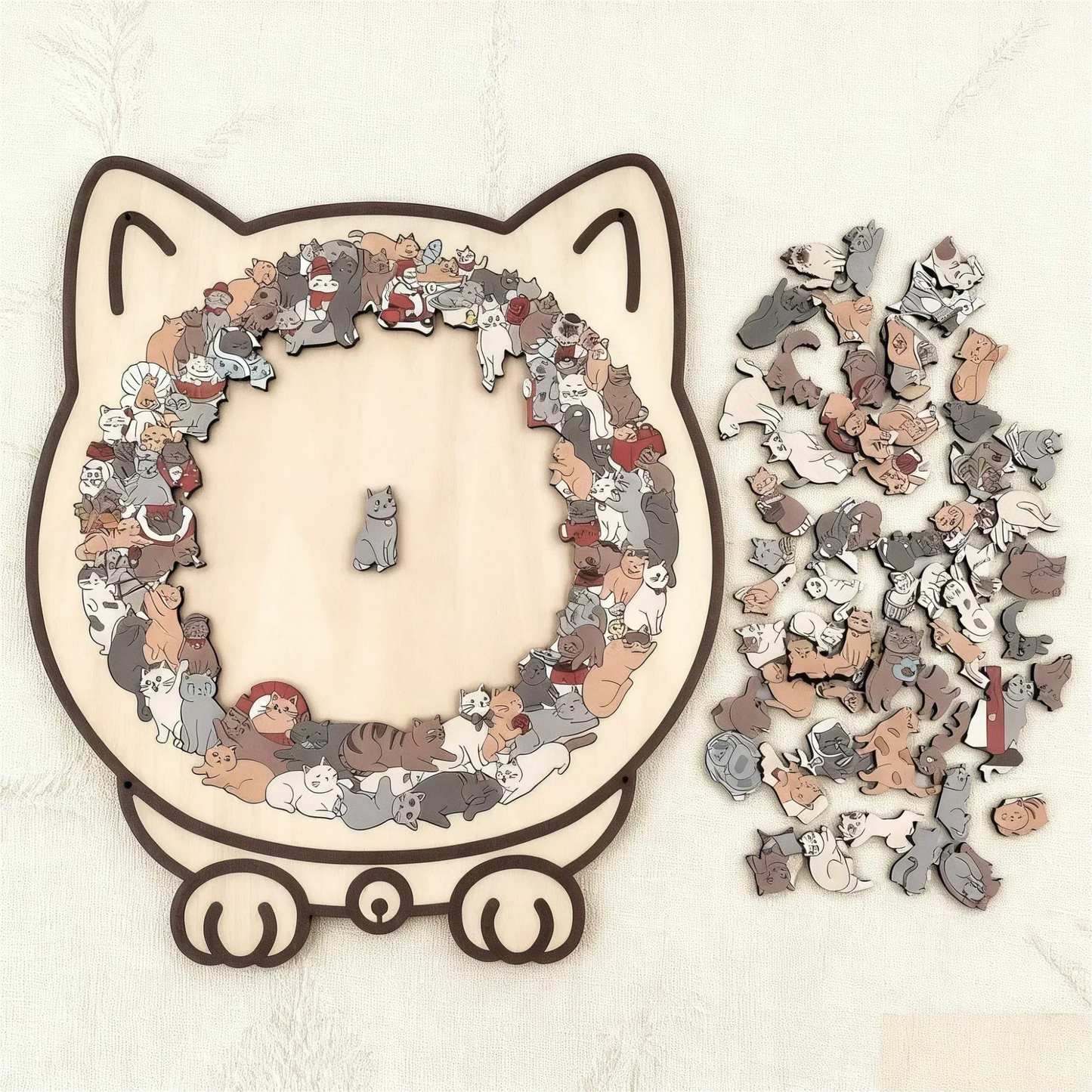 🎅🐱135-Piece Morandi-Colored Cat Shaped Wooden Jigsaw Puzzle
