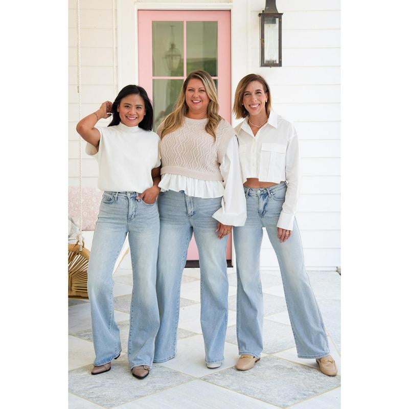 💥High Rise Vintage Wash Tummy Control Top Straight Leg Jeans