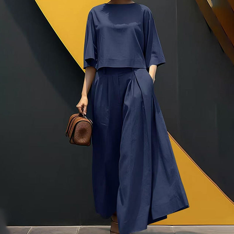 ⏳Women's Casual Round Neck 3/4 Sleeve T-Shirt & Loose Pants 2-Piece Set