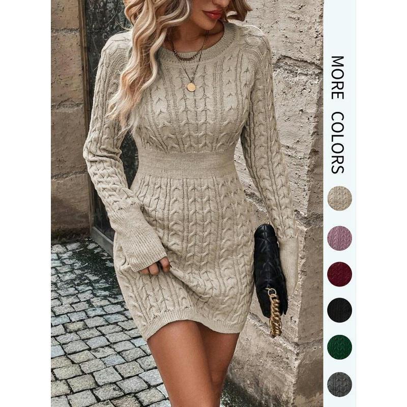 ❄️🖤Women's Winter Plain Round Neck Cable Knit Bodycon Sweater Dress