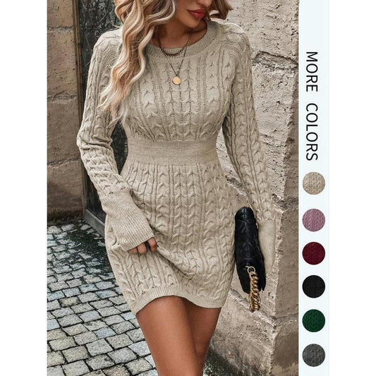 ❄️🖤Women's Winter Plain Round Neck Cable Knit Bodycon Sweater Dress