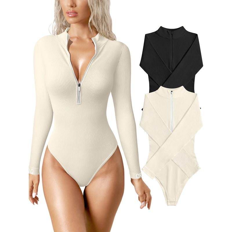 ✨ Women's 2-Piece Ribbed Bodysuits – Sexy Zip Front Long Sleeve One-Piece Tops