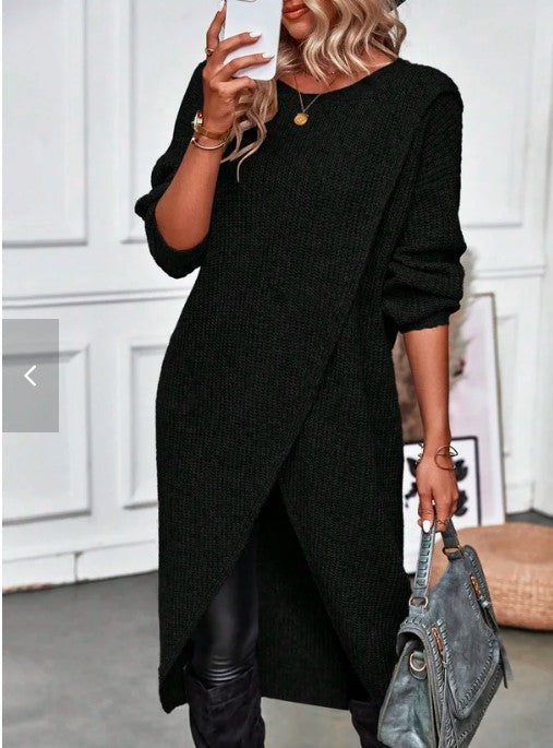 Women’s Irregular Hem Solid Color Sweater Dress – Soft Knit, Slim-Fit for Date/Commute/Winter
