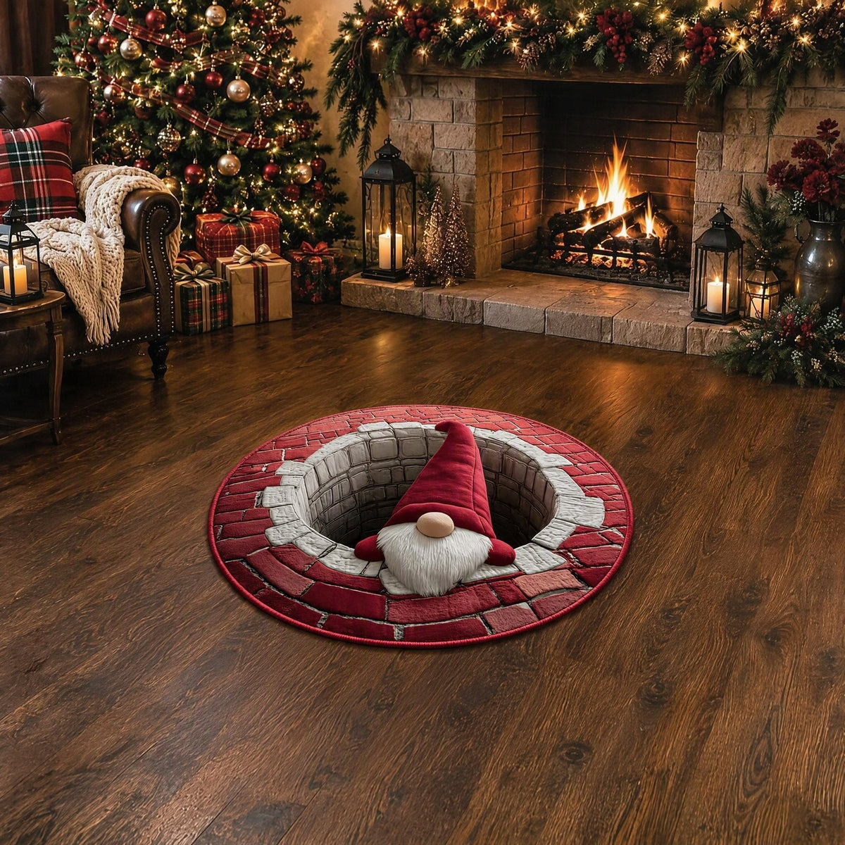 🎄3D Christmas Gnome Optical Illusion Round Rug | Fun Festive Home Decor Must‐Have⭐🏠🎁