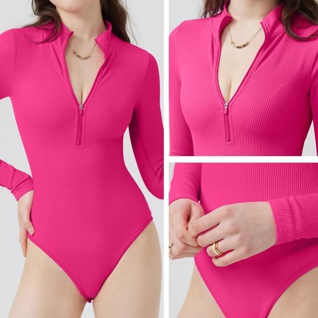 ✨ Women's 2-Piece Ribbed Bodysuits – Sexy Zip Front Long Sleeve One-Piece Tops