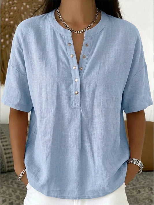 Women’s Casual Henley Collar Linen And Cotton Short-Sleeve Shirt