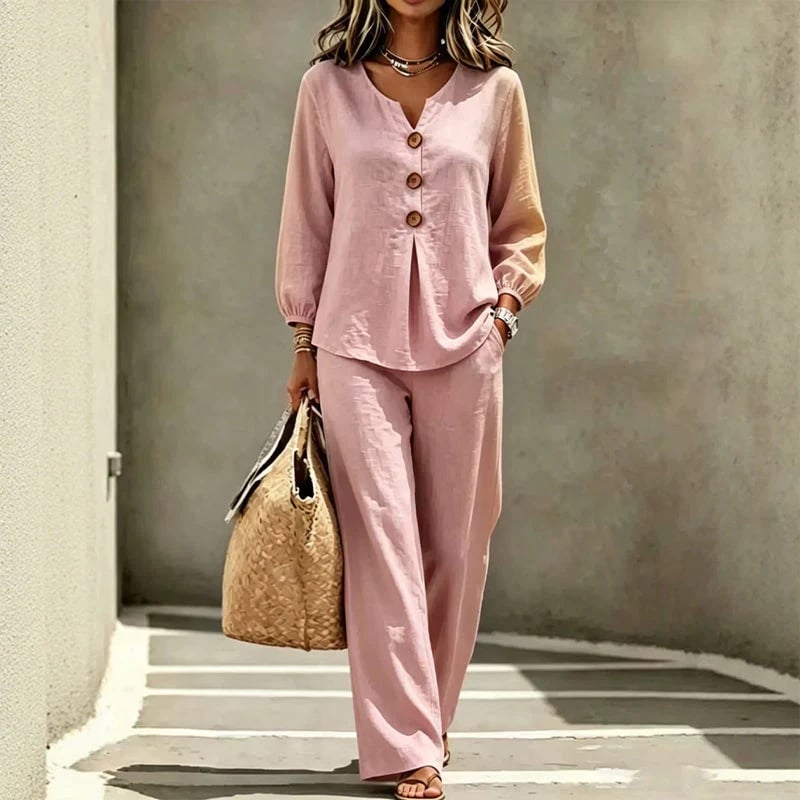 🌿Women's Cotton-Linen V-Neck Long Sleeve Top & Pants Set