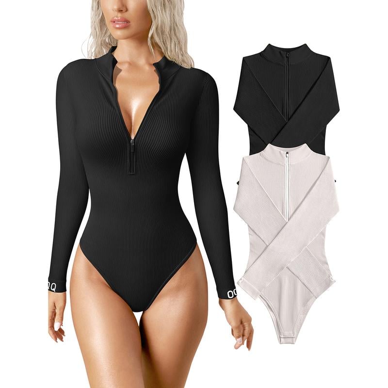 ✨ Women's 2-Piece Ribbed Bodysuits – Sexy Zip Front Long Sleeve One-Piece Tops