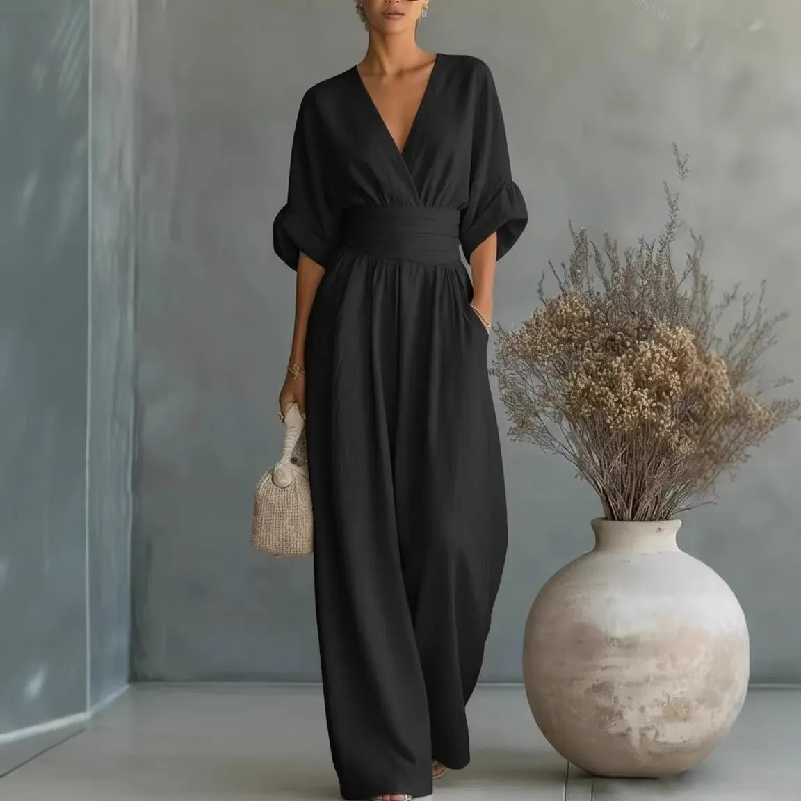 👠👠Hot sale Women's Solid-Color Elegant V-Neck Jumpsuit with Waist-Defining Fit