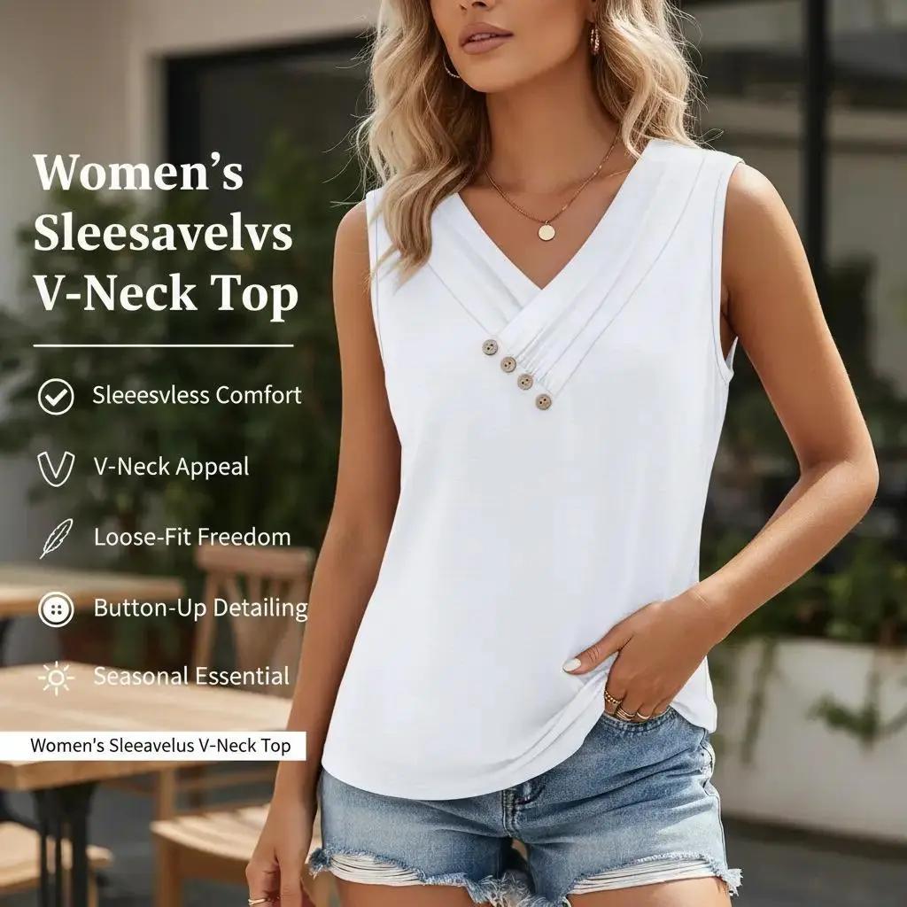 🏆💐2026 Women’s Button Down V Neck Loose Fit Tank Top