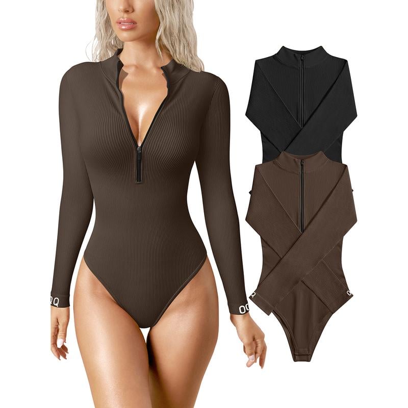 ✨ Women's 2-Piece Ribbed Bodysuits – Sexy Zip Front Long Sleeve One-Piece Tops