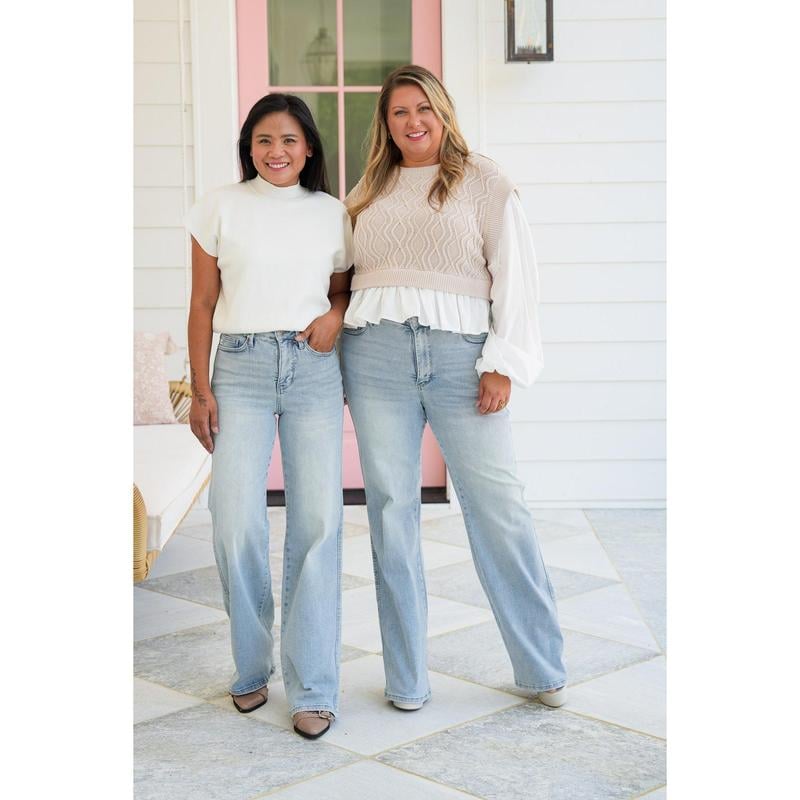 💥High Rise Vintage Wash Tummy Control Top Straight Leg Jeans