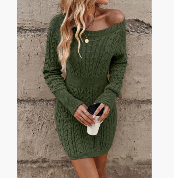 ❄️🖤Women's Winter Plain Round Neck Cable Knit Bodycon Sweater Dress