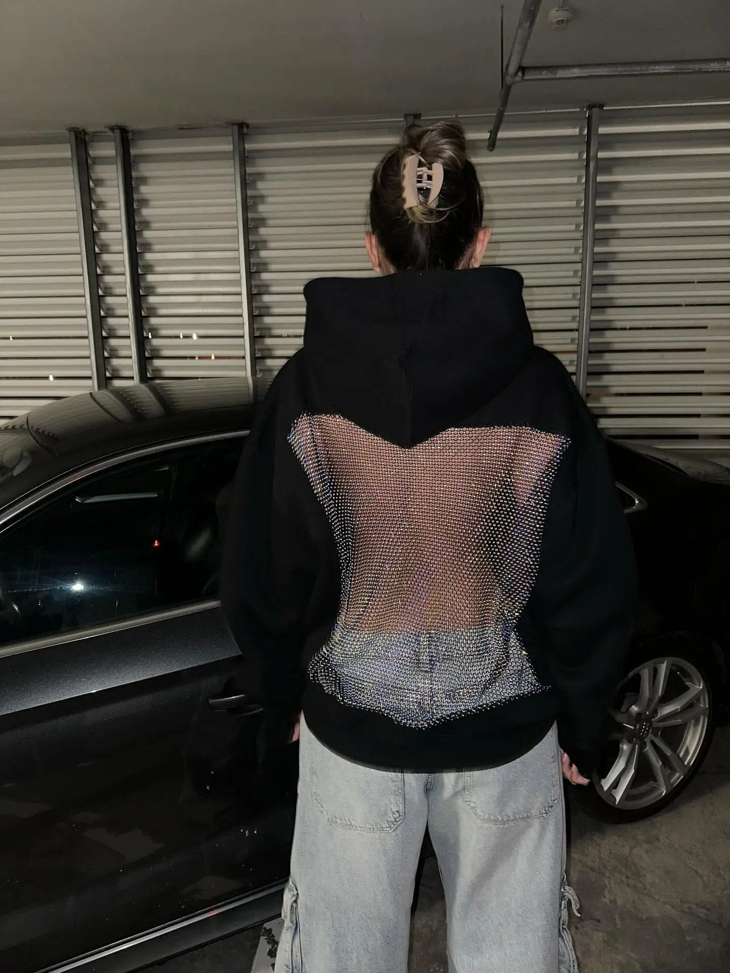 Backless Mesh Glitter Hoodie