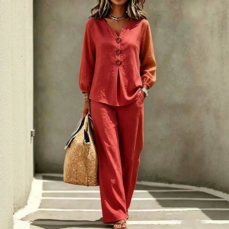 🌿Women's Cotton-Linen V-Neck Long Sleeve Top & Pants Set