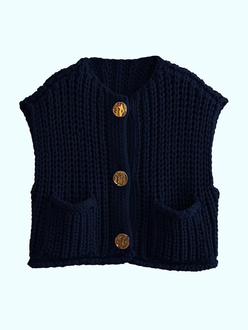 Women's Plain Button Front Pocket Sleeveless Cardigan