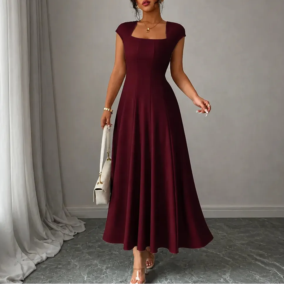 💃Women's Solid-Color Square-Neck A-Line Midi Dress