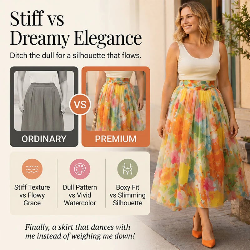 Women's Watercolor Floral Print Tulle Midi Skirt