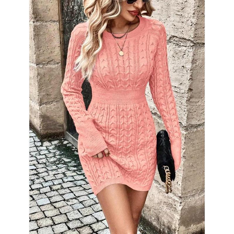 ❄️🖤Women's Winter Plain Round Neck Cable Knit Bodycon Sweater Dress