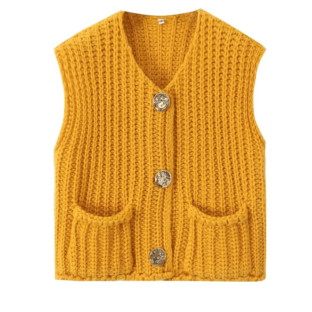 Women's Plain Button Front Pocket Sleeveless Cardigan