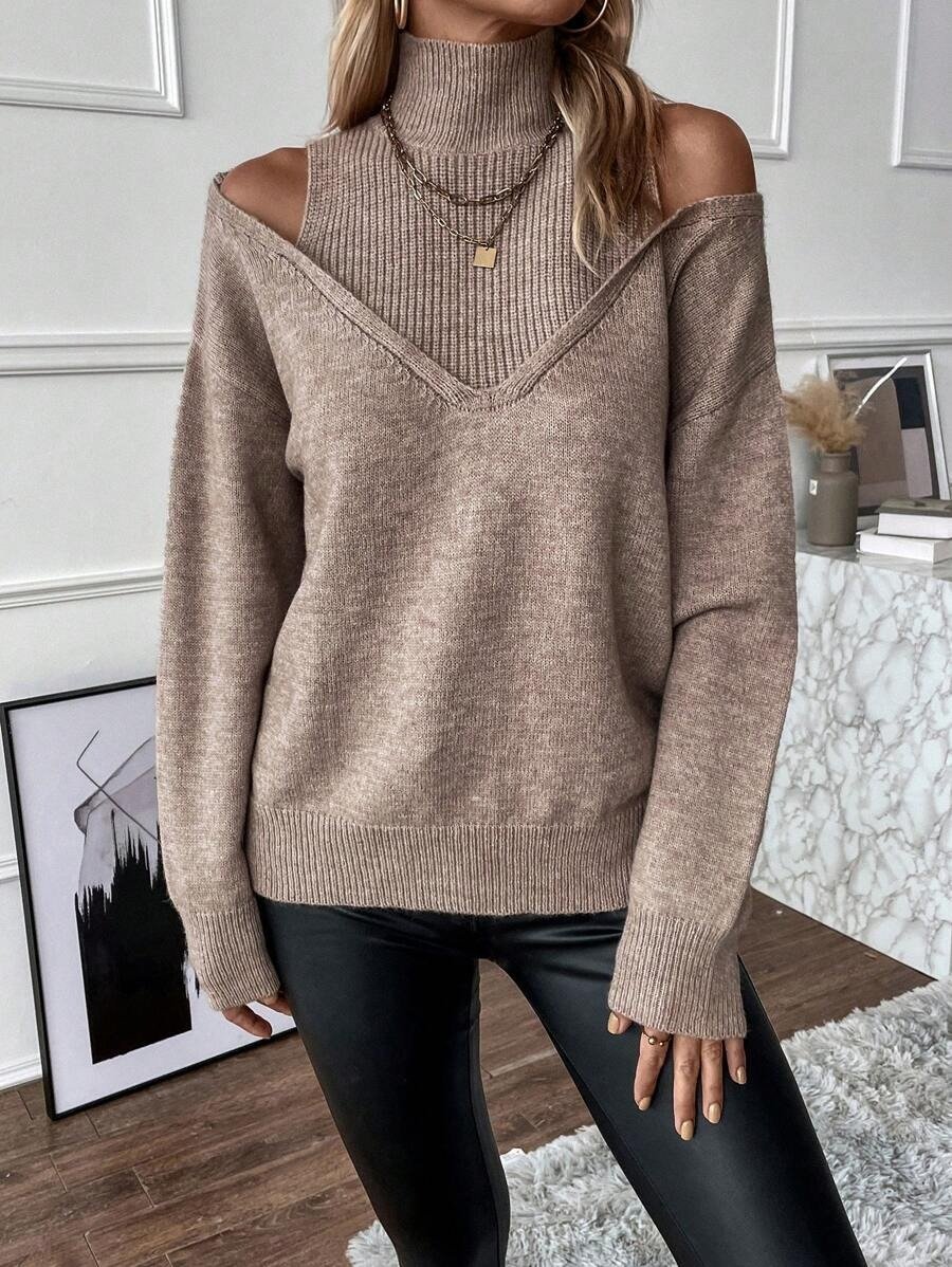 💛Women's Turtleneck Cold Shoulder 2 In 1 Sweater