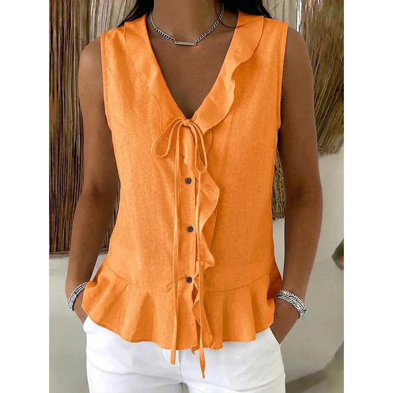 Women's Sleeveless Ruffle Trim V-Neck Top
