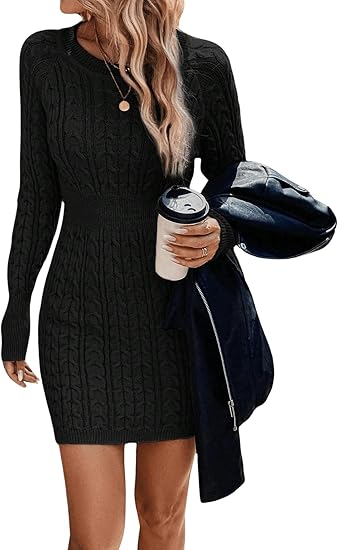 ❄️🖤Women's Winter Plain Round Neck Cable Knit Bodycon Sweater Dress