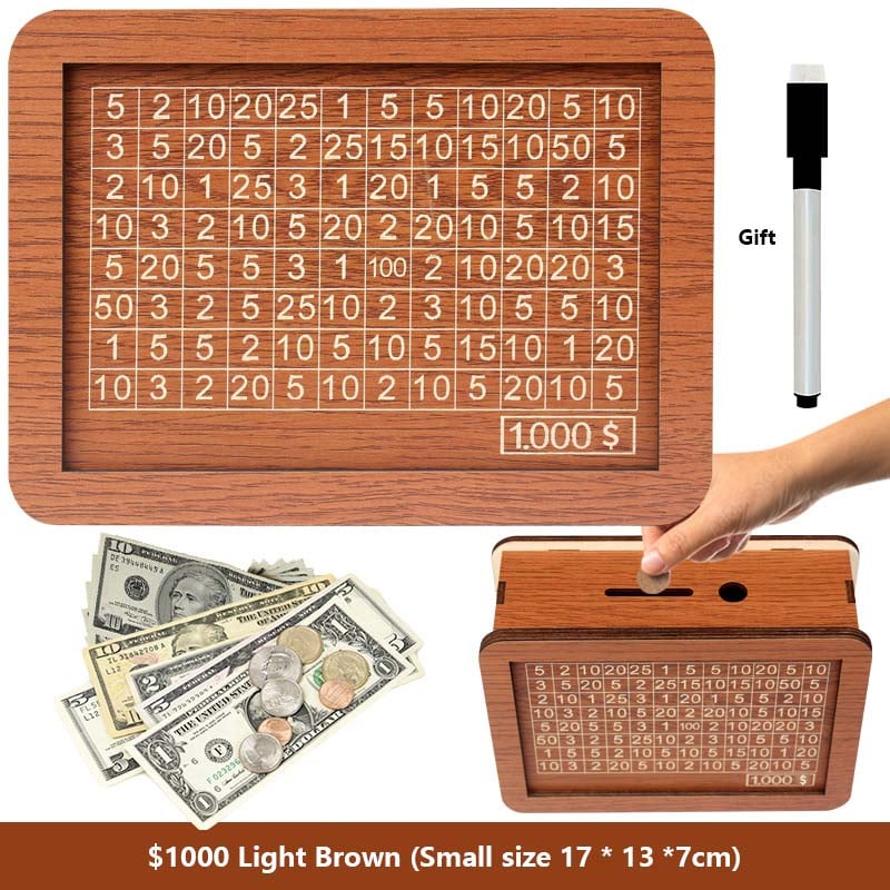 🔥Hot Sale🔥1000/3000/5000/10000 Wooden Money Box - Reusable Savings Target Bank for Home Decoration and Financial Goals