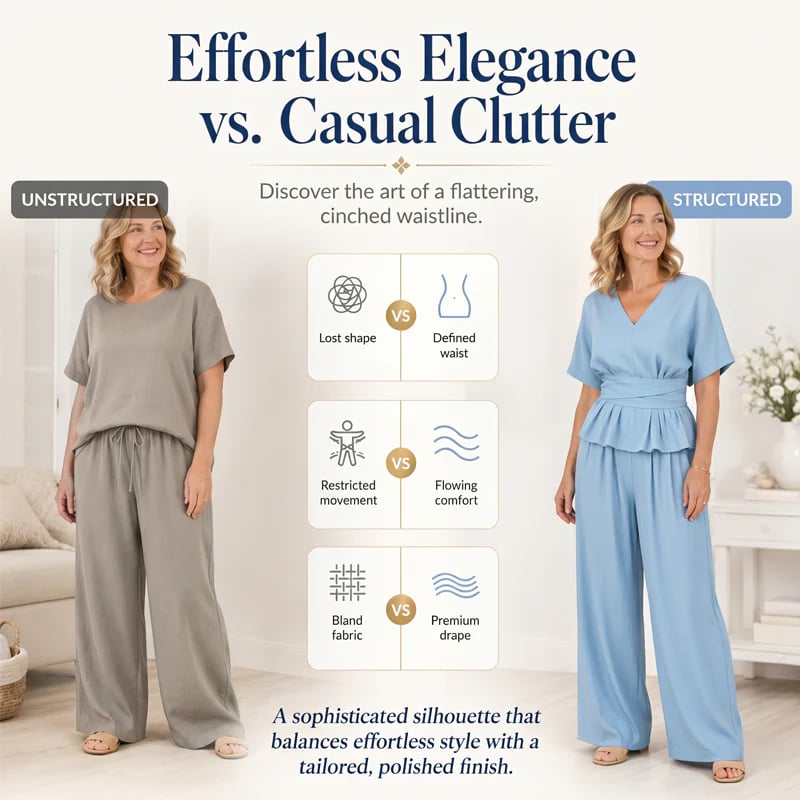 Women's Wrap Waist Top & Wide-Leg Pants Set