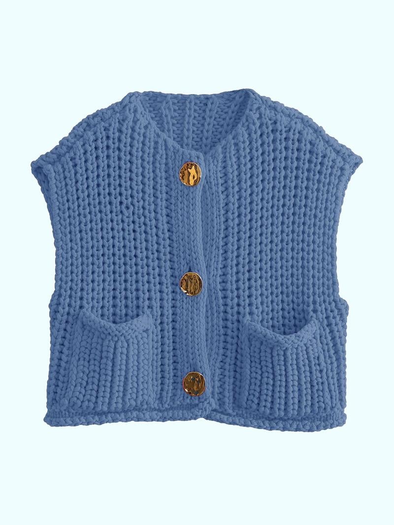 Women's Plain Button Front Pocket Sleeveless Cardigan