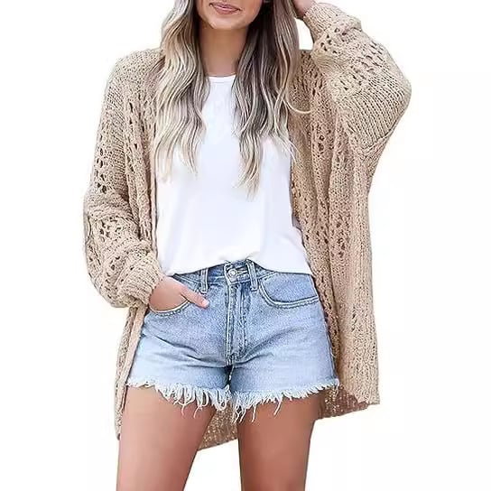 🔥 Women's Cotton Lightweight Crochet Cardigan Long Sleeve Open Front Oversized Summer Sweater Batwing Beach Fashion
