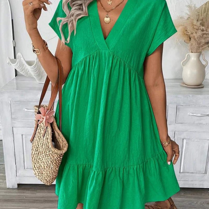 Women's V-Neck Loose-Fit Dress with Ruffle Hem 👗 Flattering V-Neck, Playful Ruffles – Your Go-To for Easy, Breezy Days ✨