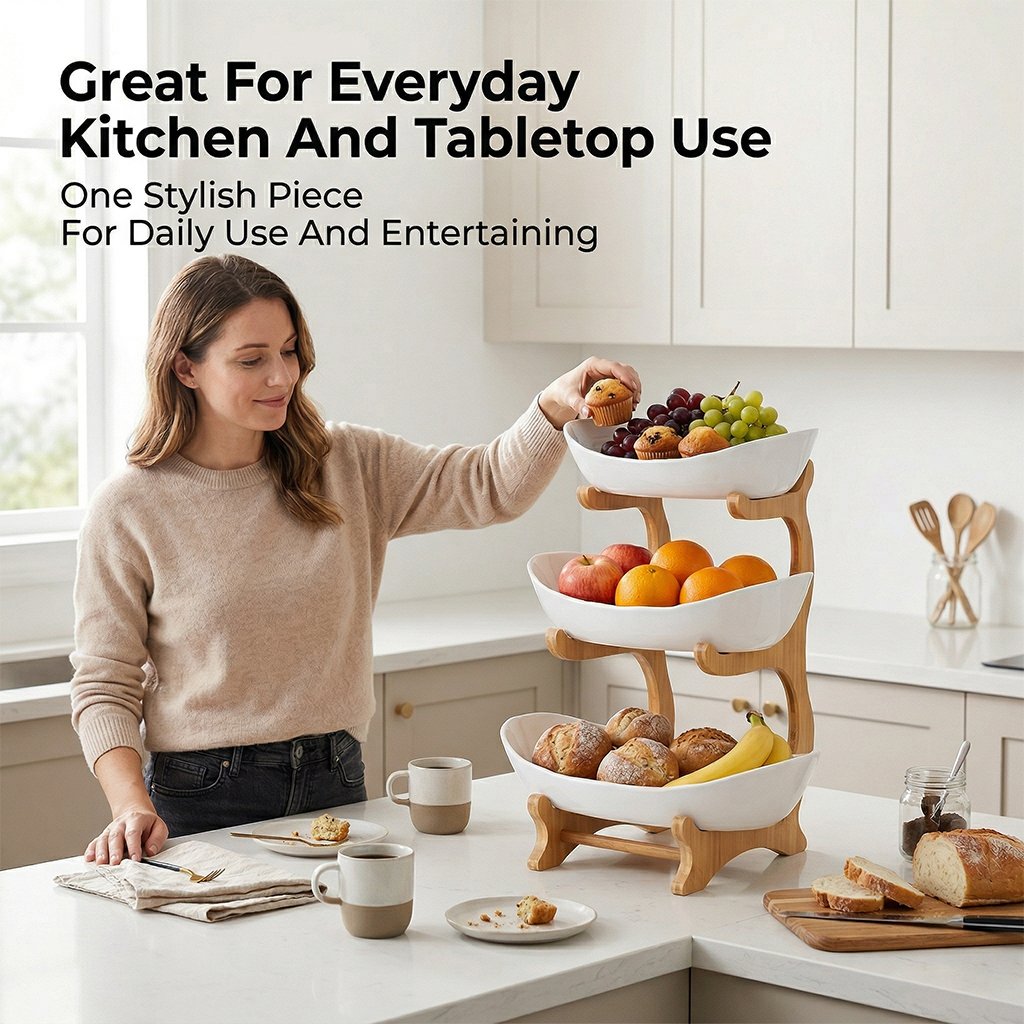 3-Tier Vertical Fruit Basket with Bamboo Stand - Space-Saving Oval Bowl Organizer for Kitchen Counters & Pantries