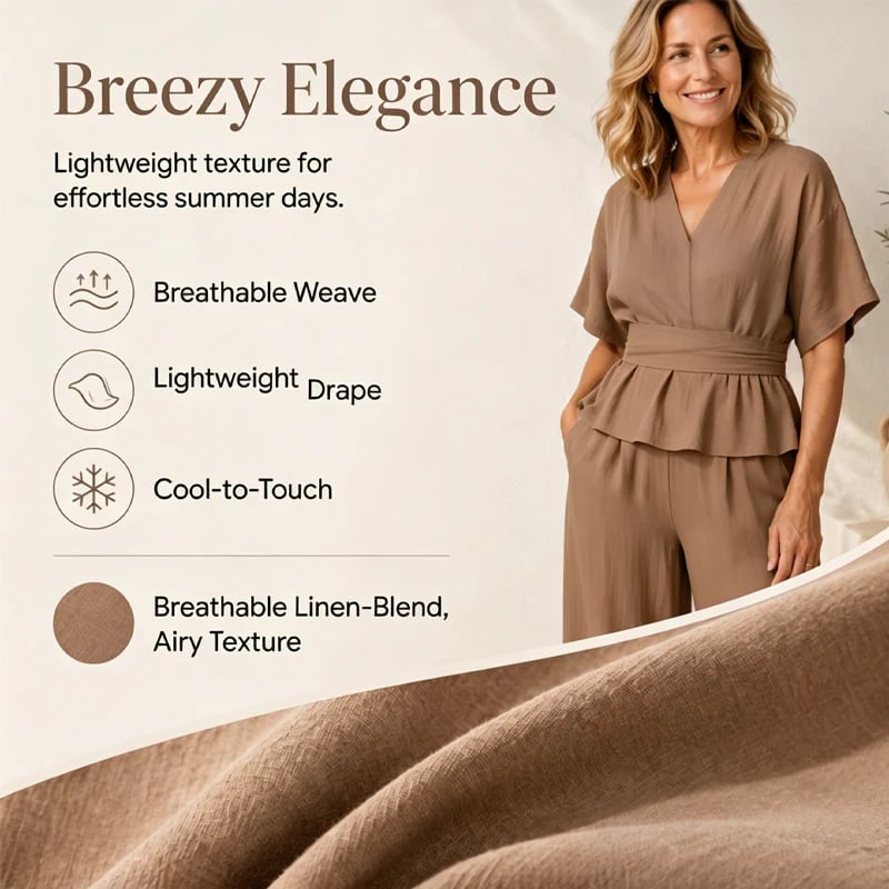 Women's Wrap Waist Top & Wide-Leg Pants Set