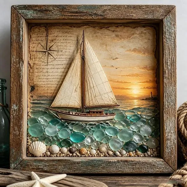 💡Handcrafted: 3D Coastal Lighthouse & Sea Glass Shadow Box Night Light