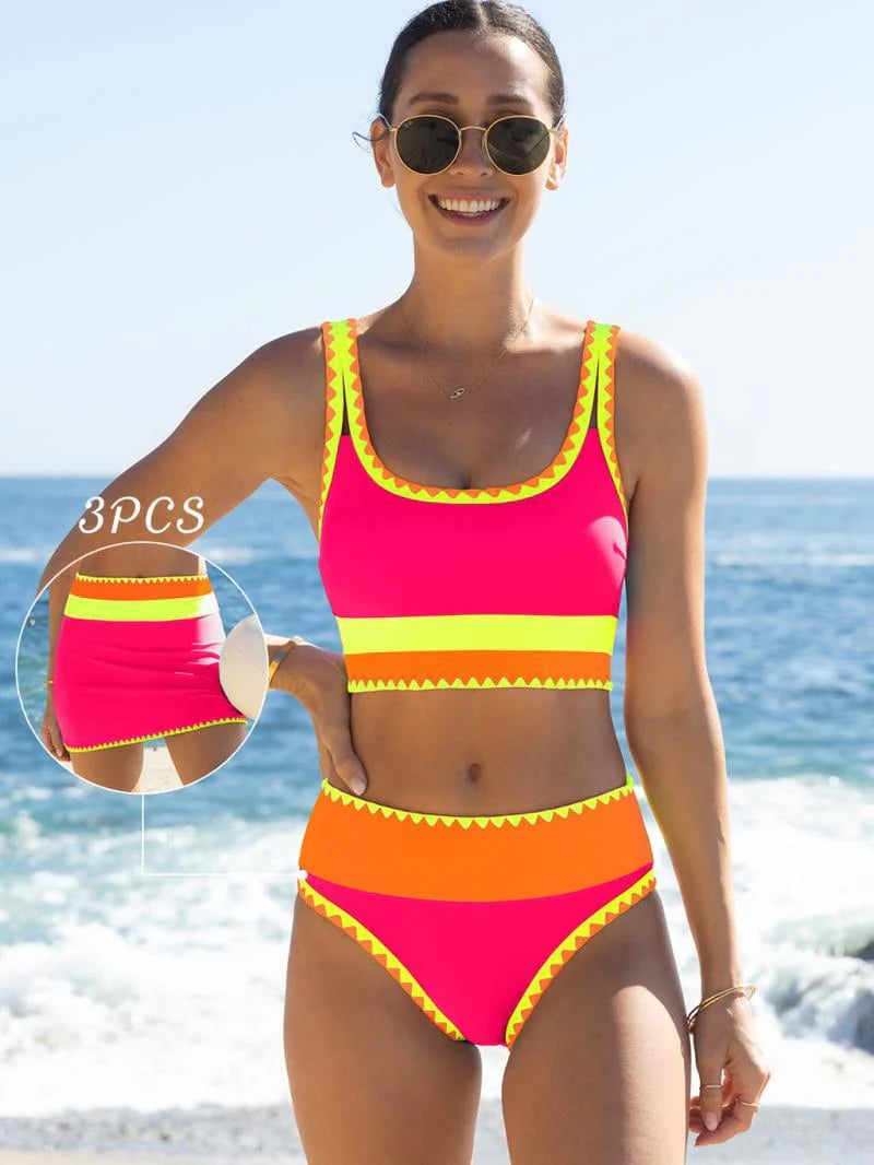 👙Color Block Patchwork Sporty 3-Piece Bikini Set - High Waisted & Tummy Control Swimsuit💃🌈