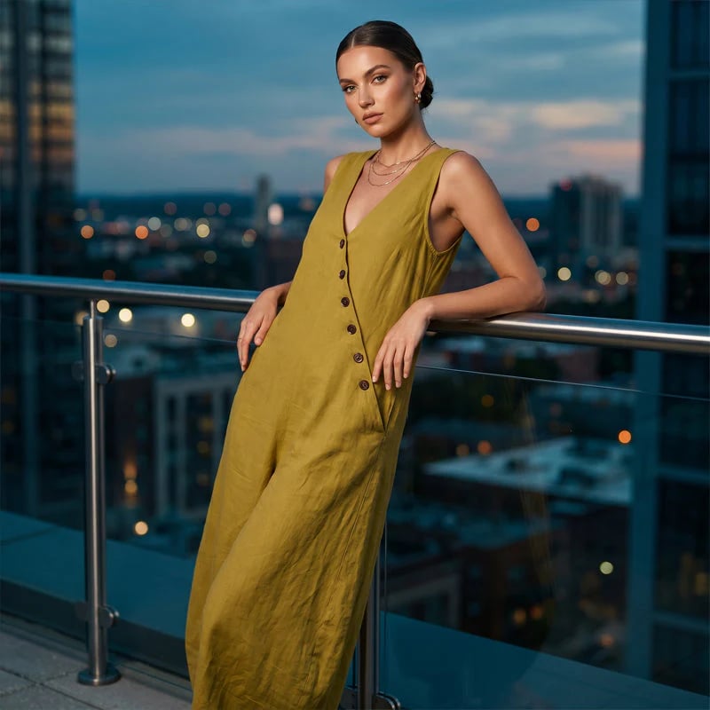 Women's Sleeveless V-Neck Jumpsuit with Pockets