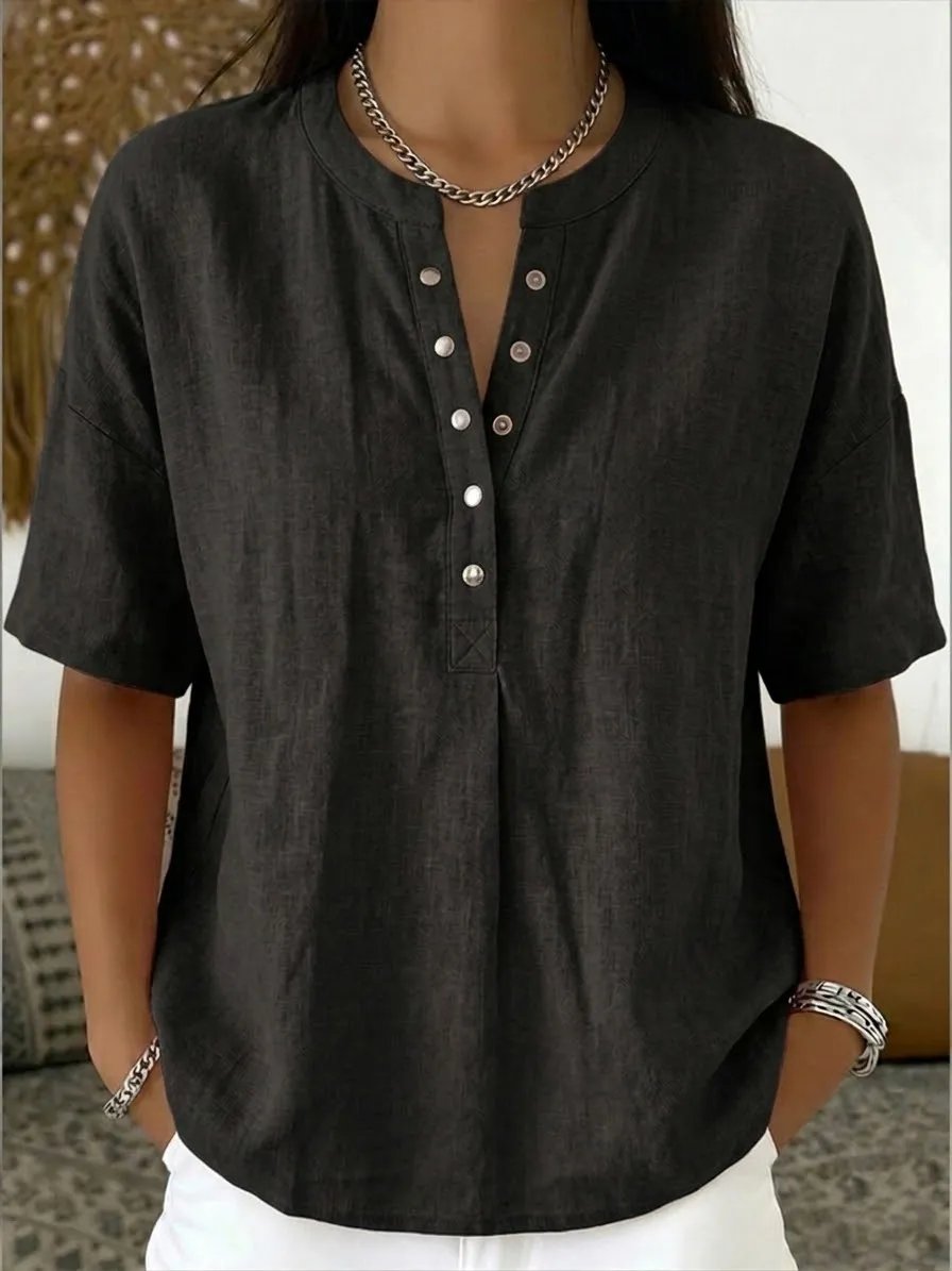 Women’s Casual Henley Collar Linen And Cotton Short-Sleeve Shirt