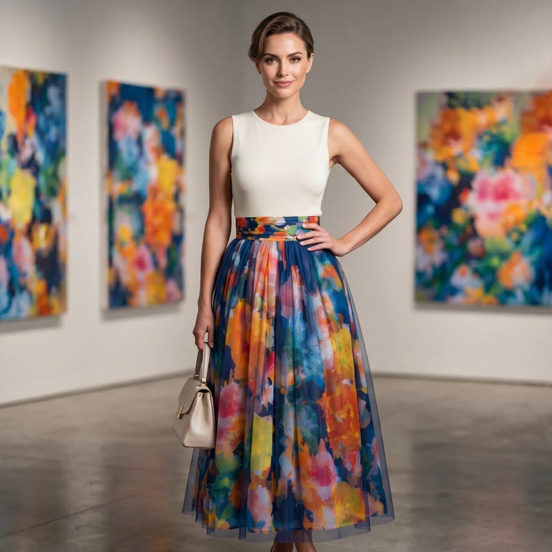 Women's Watercolor Floral Print Tulle Midi Skirt