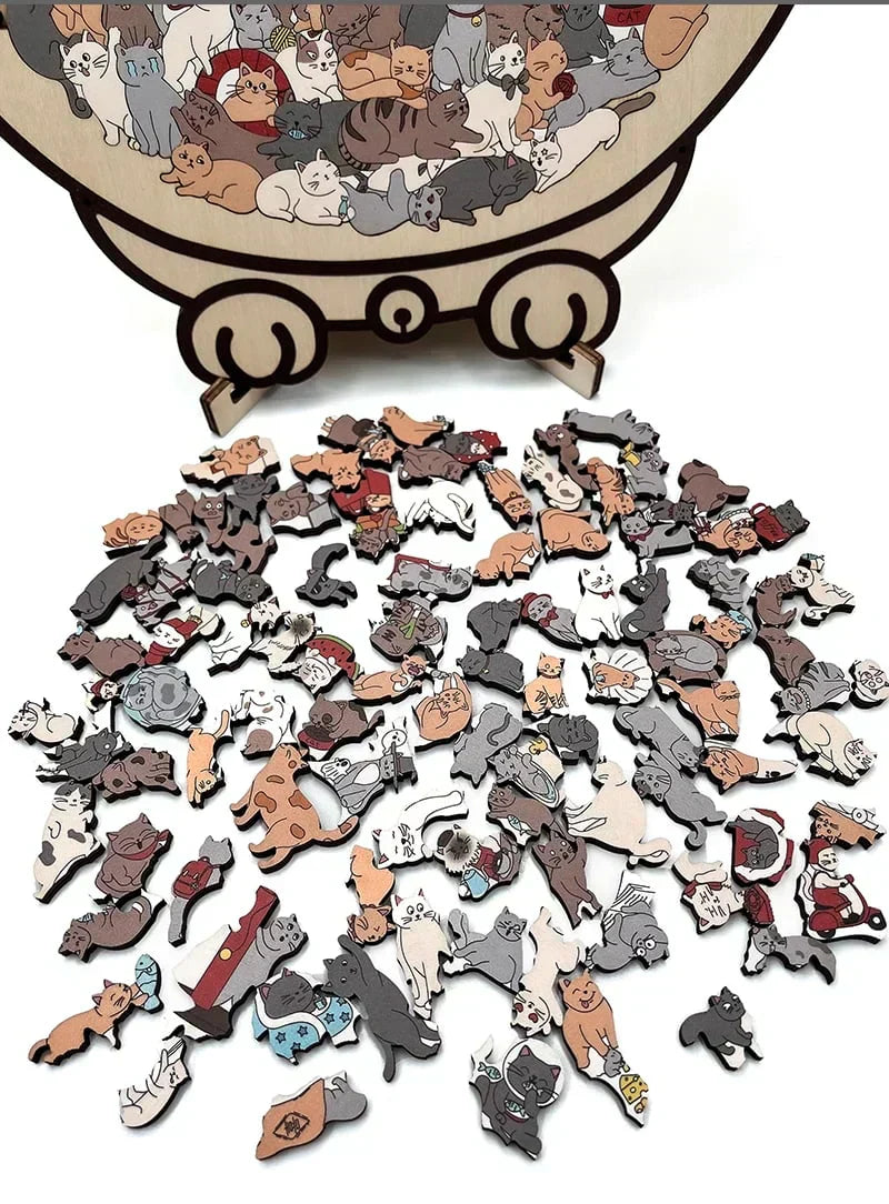 🎅🐱135-Piece Morandi-Colored Cat Shaped Wooden Jigsaw Puzzle